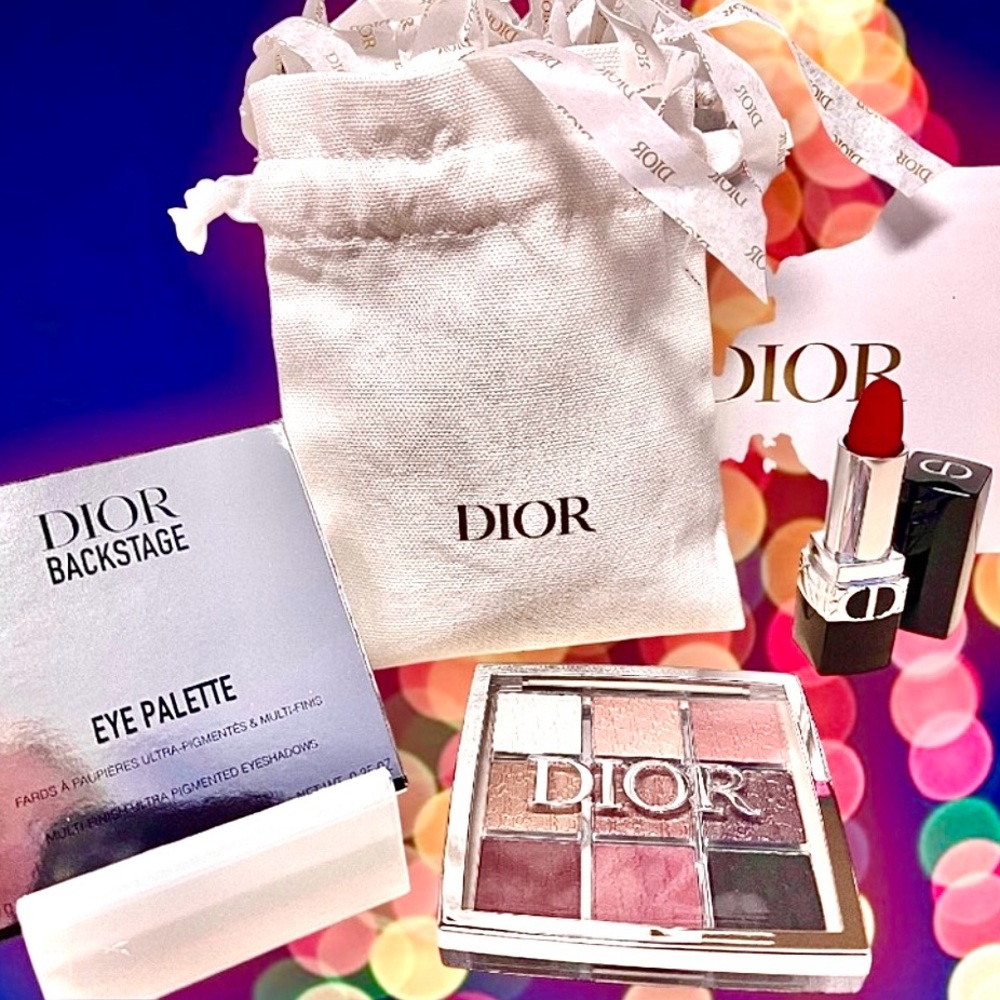 3 Pc Dior NWT Backstage 9 Eyeshadow Pallete, Rouge Lipstick 724 Pink & Bag
